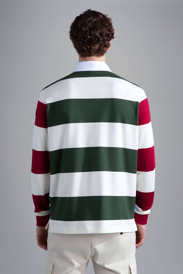 Polo multicolore de Paul and Shark, rayures rouges et vertes, coupe régulière, manches longues, arrière du vêtement.