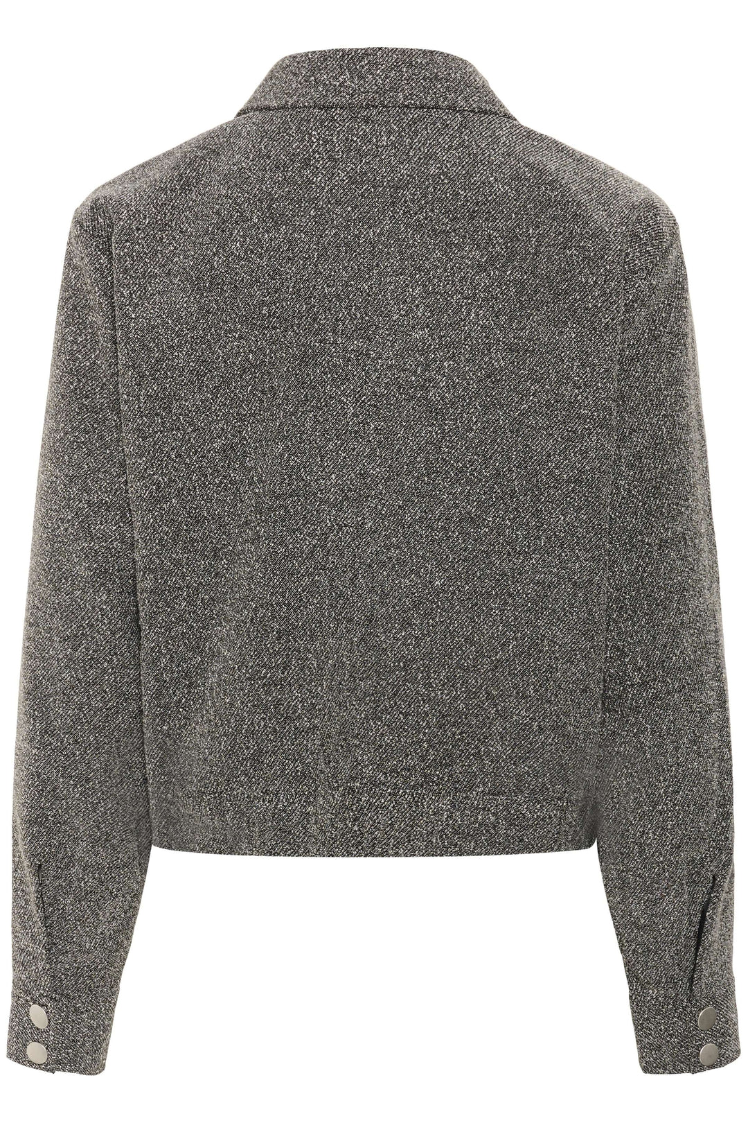 Manteau Alba court à poches à rabat et boutons contrastants vu de dos avec tissu texturé et fermeture moderne.