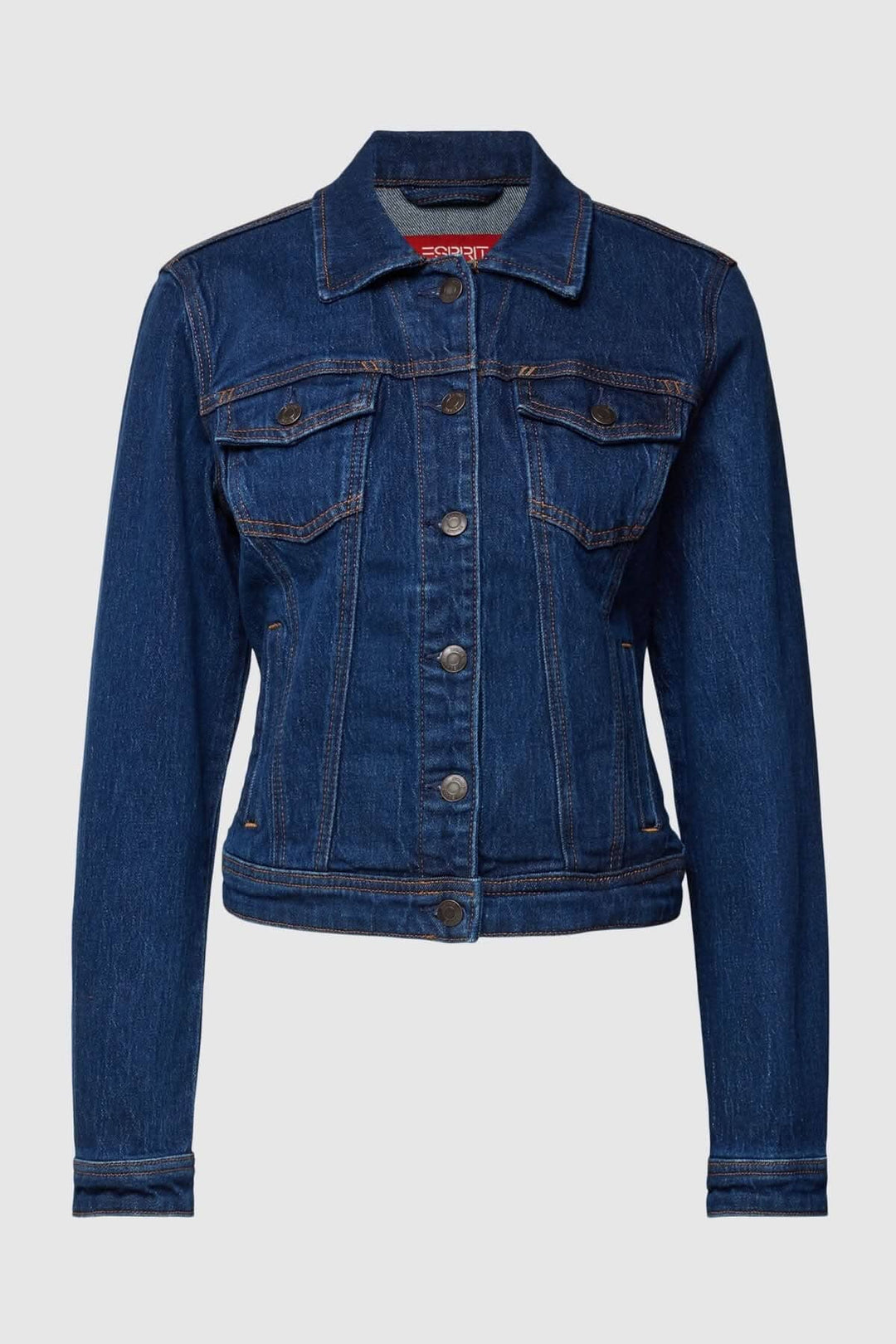 Veste en jean pour femme, manches longues, avec poches et fermeture à boutons, style décontracté.