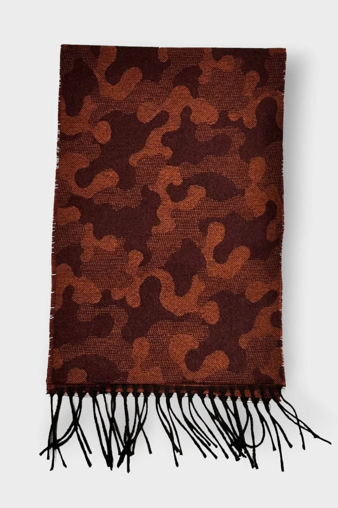 Foulard en cachemire armé couleur rouille, motif camouflage avec franges, mesure 180CMx30CM.