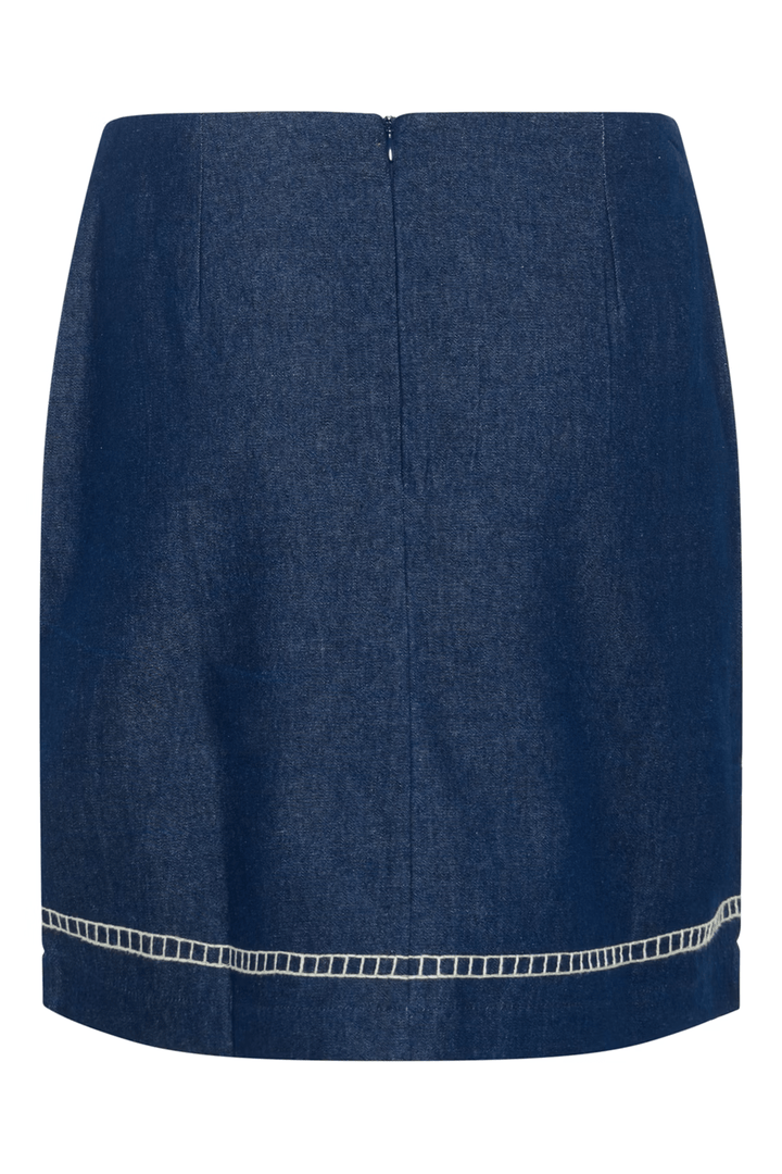 Jupe Gro en denim avec broderies florales contrastées, coupe droite bohème chic pour un style élégant.