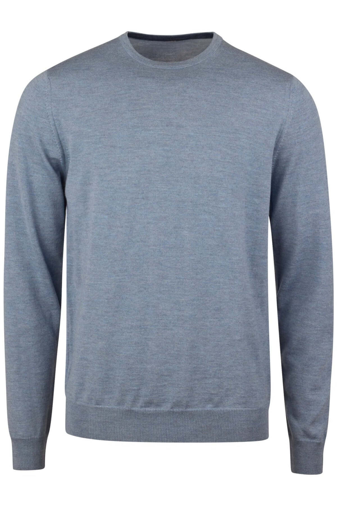 Chandail col rond en laine mérinos avec coudes contrastants, élégant et confortable avec finitions côtelées.