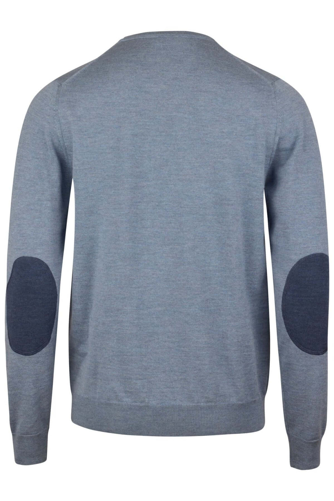 Chandail col rond en laine mérinos avec coudes contrastants en maille fine et coudières élégantes, vue arrière.