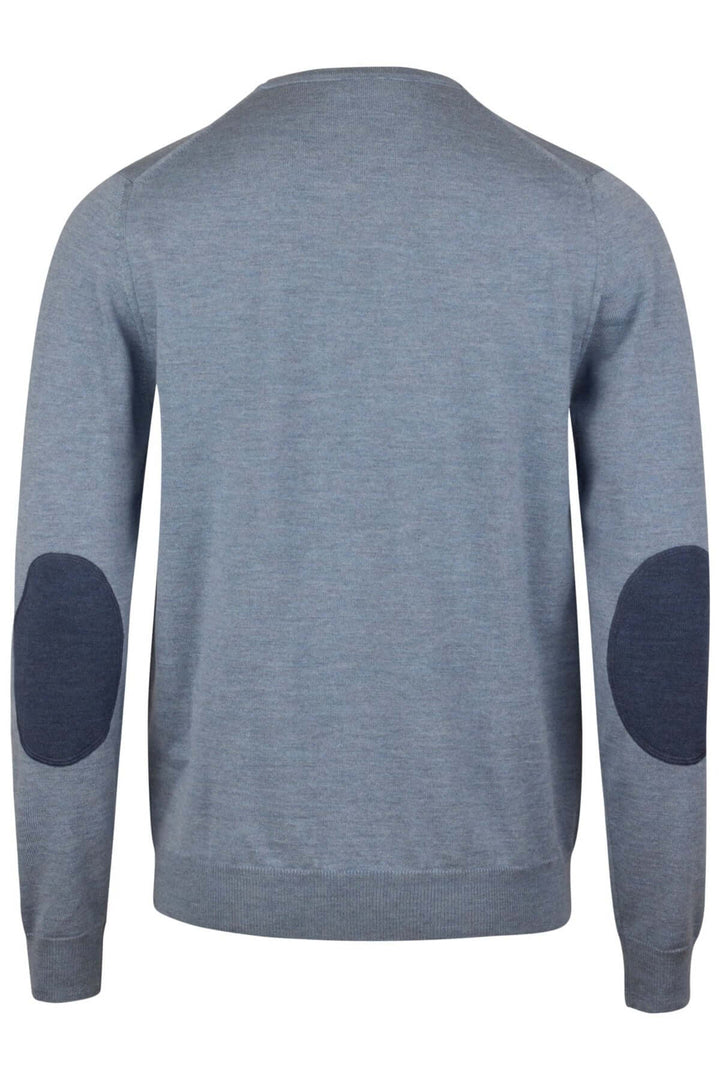 Chandail col rond en laine mérinos avec coudes contrastants en maille fine et coudières élégantes, vue arrière.