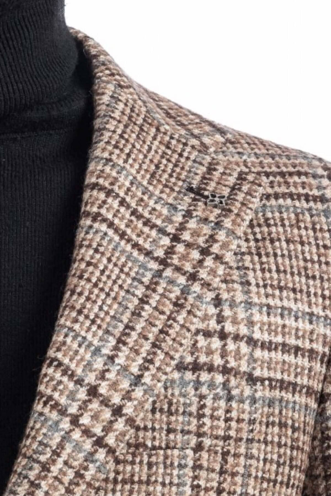 Veston à motif pays de galles en tissu brun et gris, coupe élégante, parfait pour les occasions formelles et décontractées.