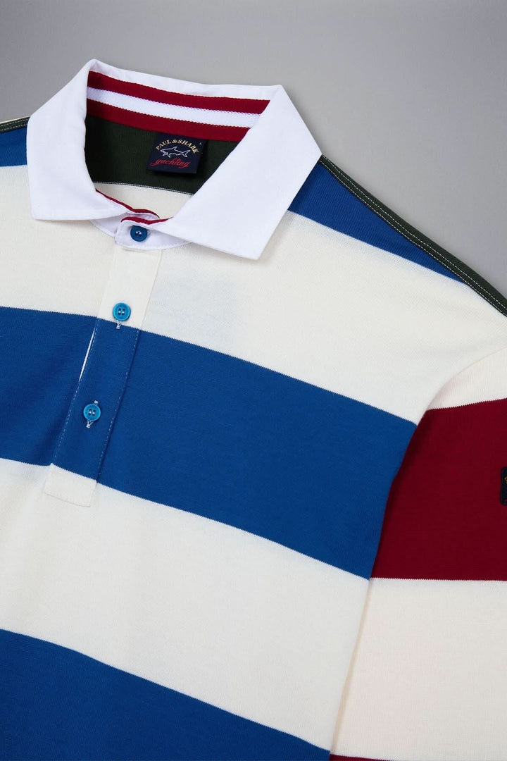Polo multicolore Paul and Shark en jersey de coton, rayures bleues, blanches et rouges, avec manches longues et col blanc.