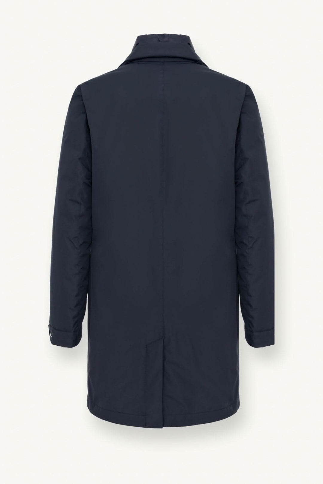 Manteau long homme en tissu recyclé, vue arrière, couleur bleu marine, design moderne et matelassé.
