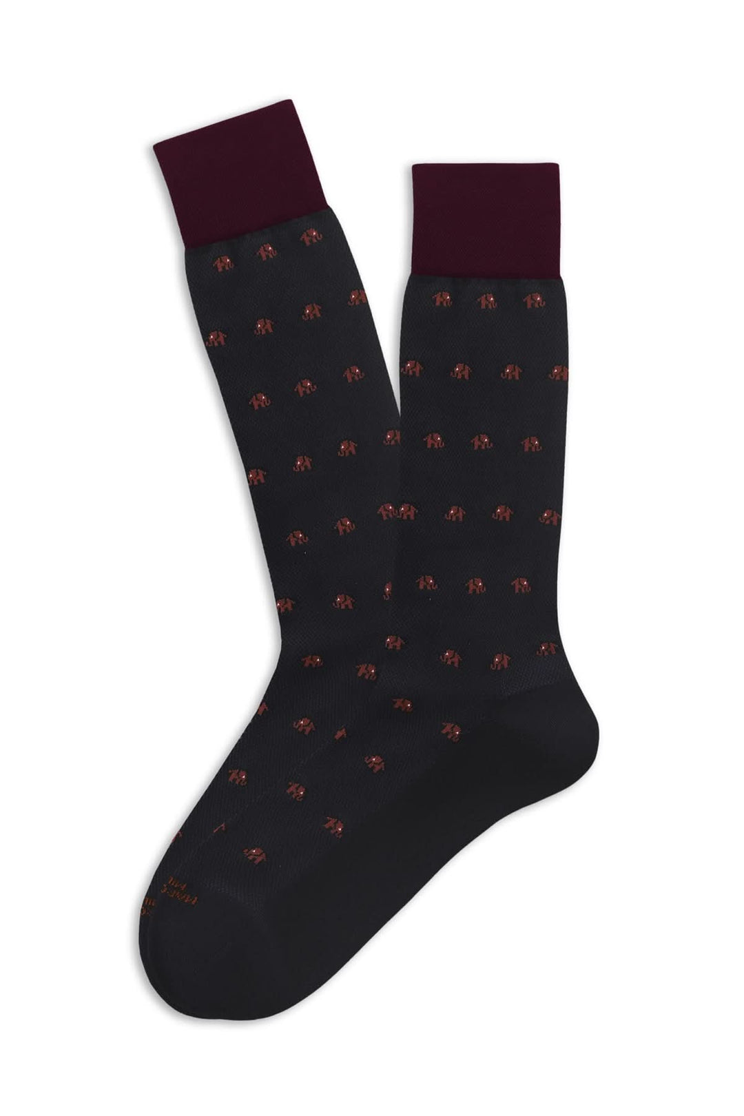 Bas fantaisie avec motif d'éléphants miniatures sur fond noir et côtes bordeaux en haut, confort et style.