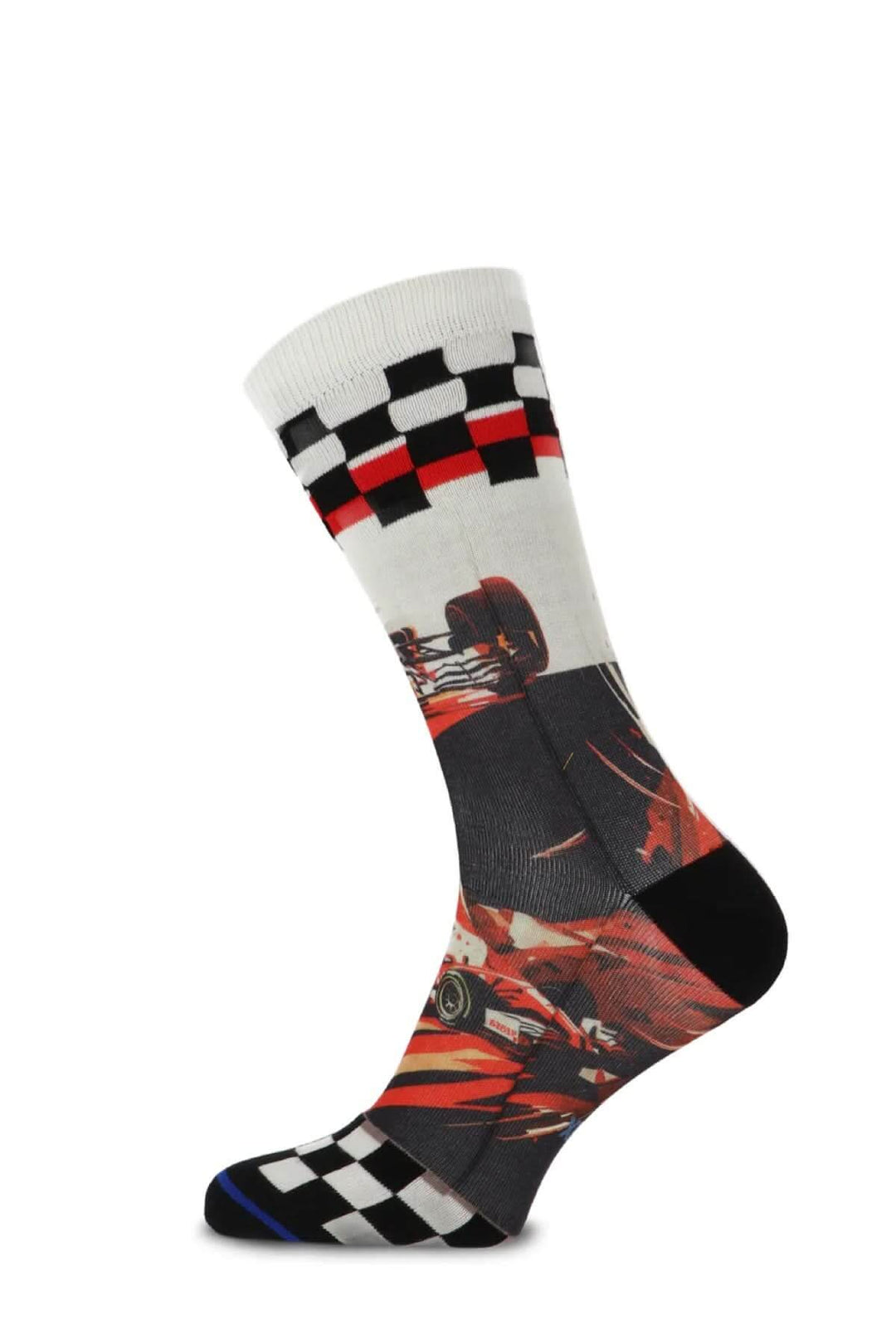 Chaussettes inspirées de la Formule 1 avec motifs de voitures de course et design damier noir et blanc.