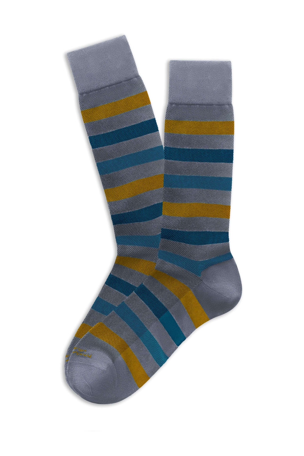 Bas à larges rayures bleu, gris et jaune, design moderne et confortable pour un style dynamique.