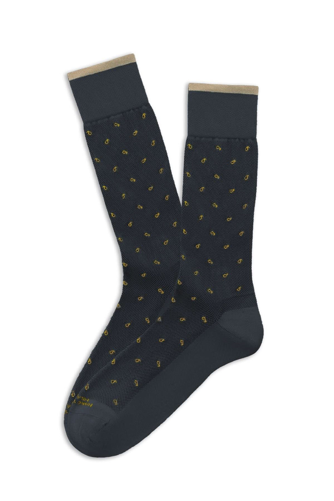 Bas à motif discret noir et gold, coupe mi-haute, bord-côte élastiqué, élégant et confortable.