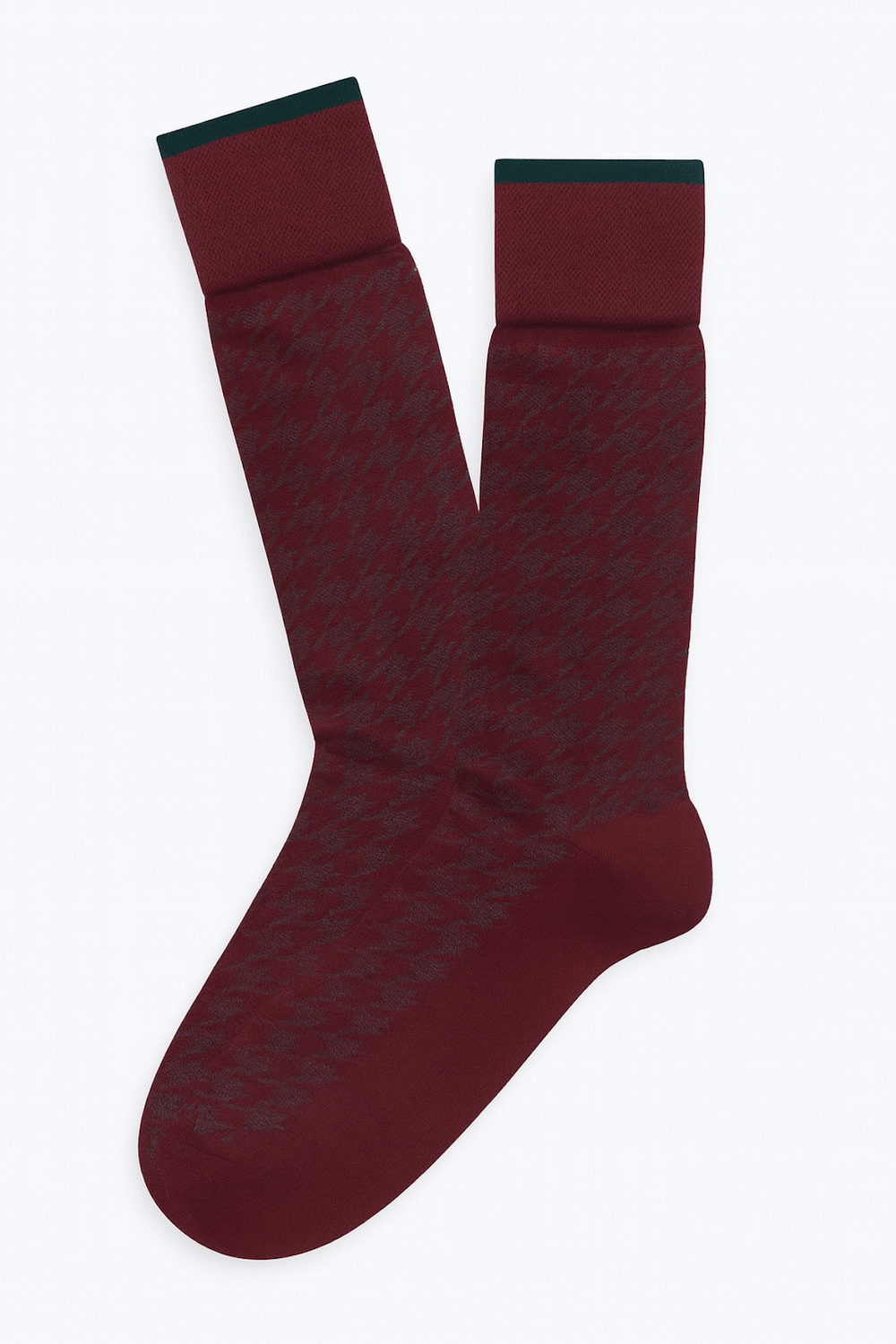 Bas motif pied-de-poule bordeaux en maille fine extensible pour un style sophistiqué et confortable, idéals avec un pantalon ajusté.