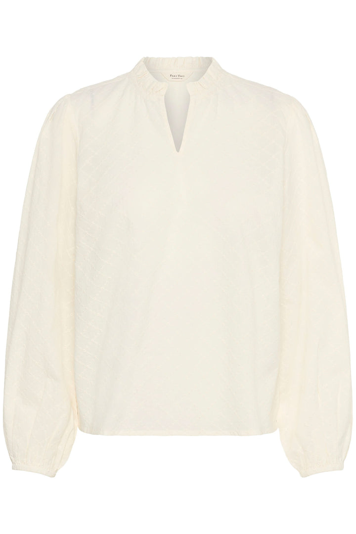 Blouse Eimy en tissu délicat avec encolure fendue et manches longues bouffantes, motif discret, pour un look chic et élégant.