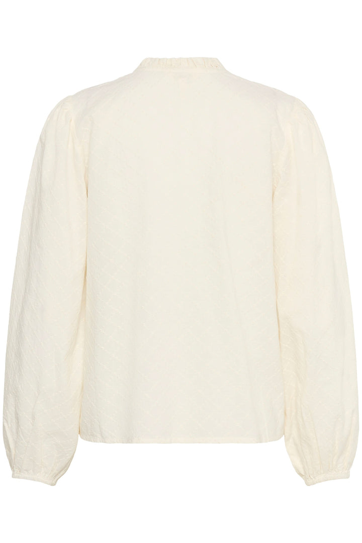 Blouse Eimy, blouse légère avec motif discret et manches bouffantes, vue arrière. Encolure fendue, style élégant et féminin.