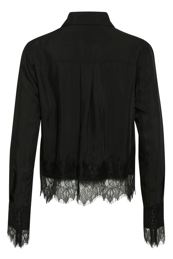 Chemise noire Lenina avec dentelle, manches longues, élégante et confortable pour toutes occasions.