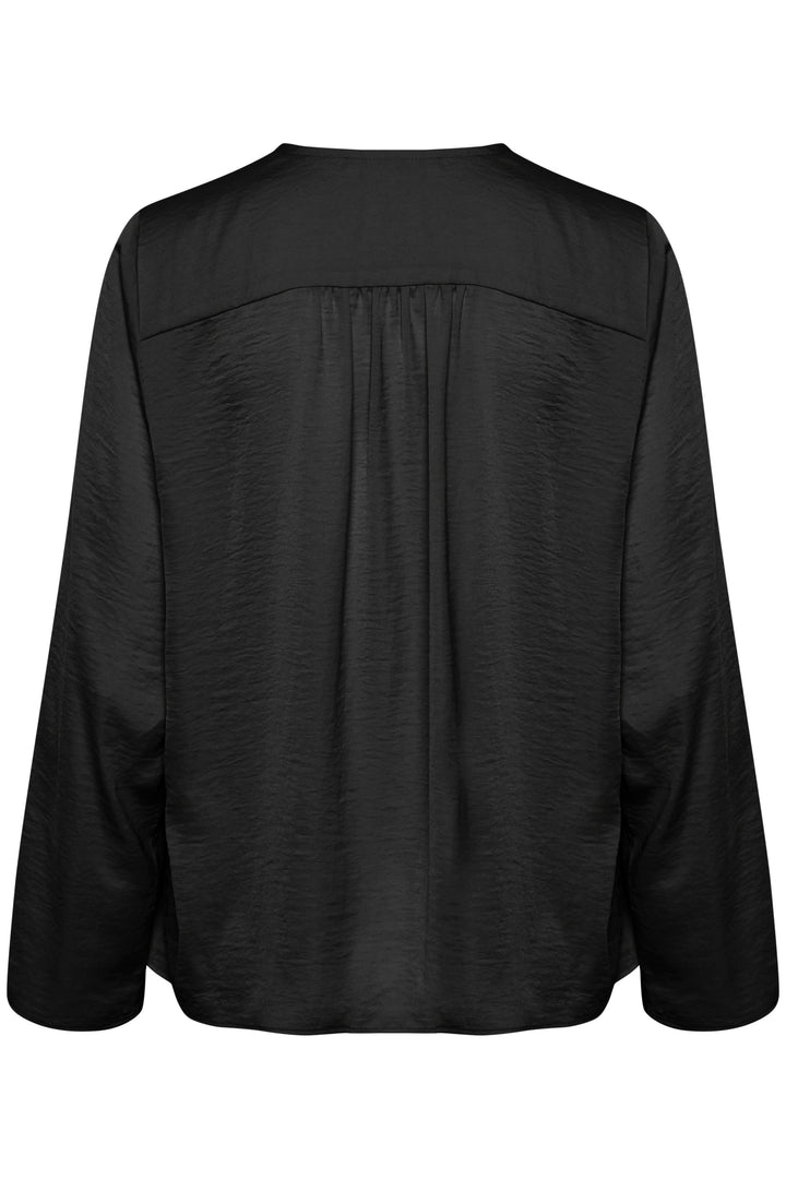 Blouse Mato noire à coupe classique avec manches longues et encolure nouée, vue arrière.