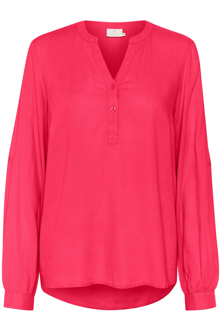 Blouse Milia rose fluide à col tunisien, manches retroussables, idéale pour un look décontracté et élégant.