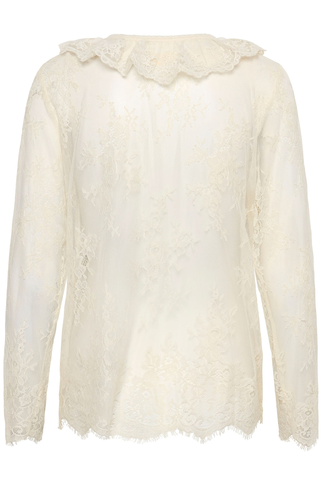 Blouse Mira en dentelle transparente à manches longues avec dentelle fine, col orné et lien à nouer sur l&