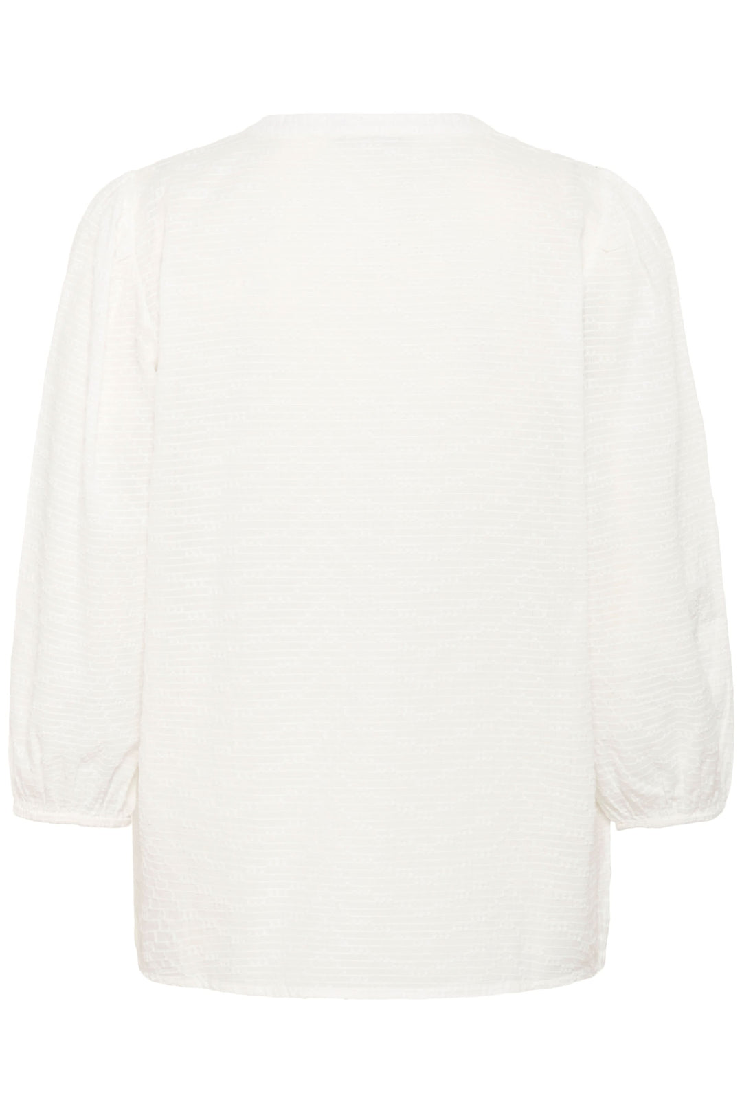 Vue arrière de la Blouse Penelope texturée à manches trois-quarts en blanc, encolure en V, manches légèrement bouffantes.