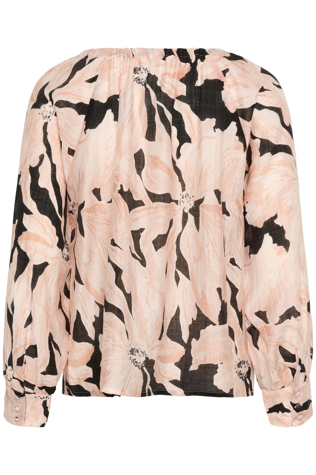 Blouse Reese avec imprimé artistique, col rond froncé avec nœud, manches longues bouffantes pour un style chic et moderne.