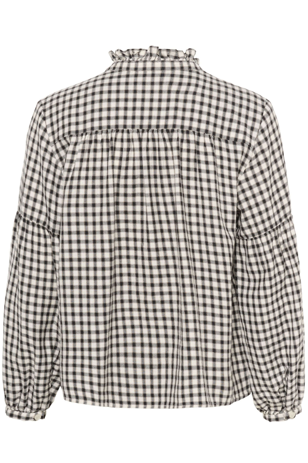 Blouse Samilla à carreaux avec col à volants, manches bouffantes et boutonnage complet, vue de dos. Élégance intemporelle.