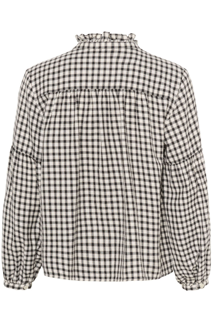 Blouse Samilla à carreaux avec col à volants, manches bouffantes et boutonnage complet, vue de dos. Élégance intemporelle.