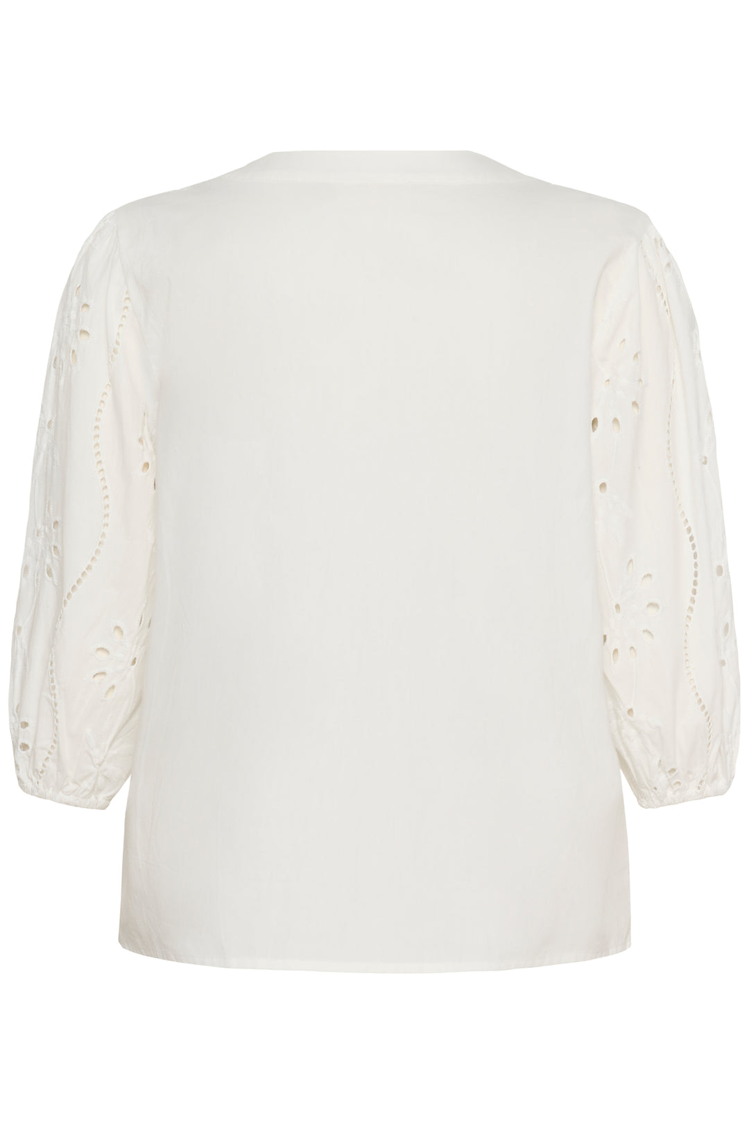 Blouse Signe blanche avec détails ajourés et broderies raffinées, vue de dos, coupe fluide et encolure en V élégante.