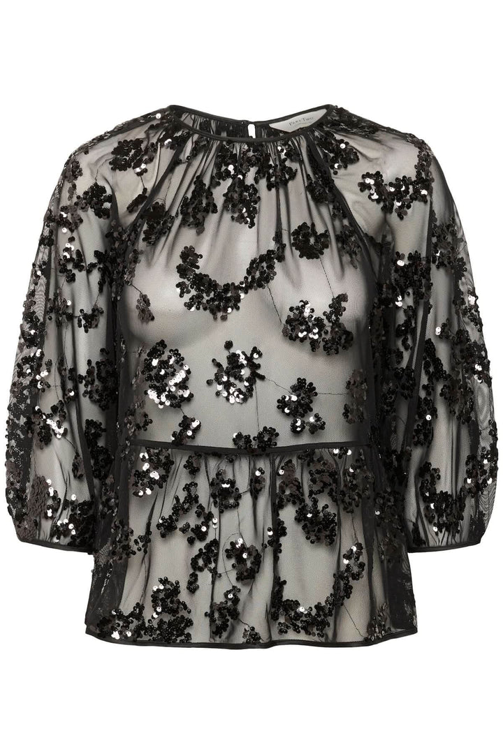 Blouse Vivan à sequins floraux avec tulle transparent et manches trois-quarts, élégante pour soirée ou quotidien.