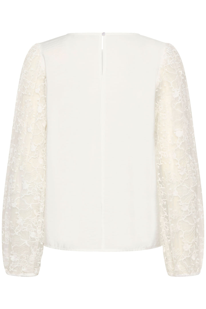 Blouse avec broderie, manches longues en dentelle, blanc, vue arrière élégante et féminine.