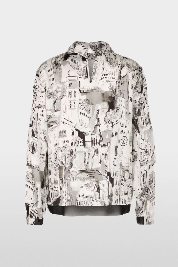 Blouse à imprimé CITY avec motif artistique urbain, coupe fluide, manches longues, col montant. Elegante et confortable.