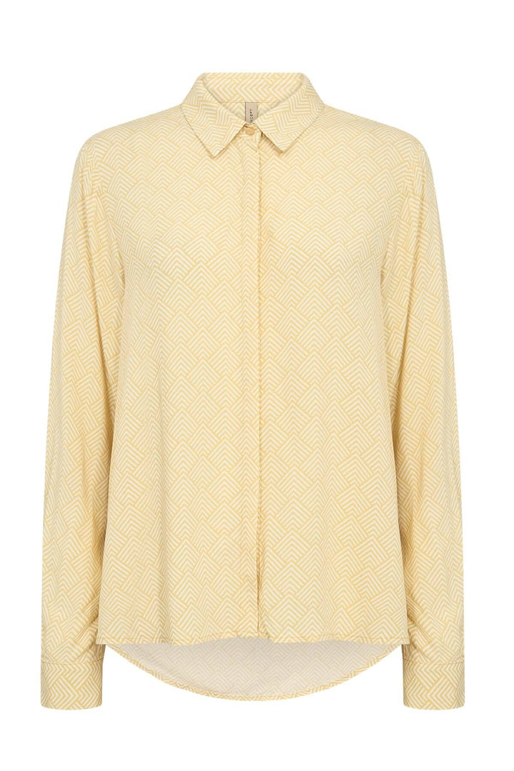Blouse imprimée à col classique, motif géométrique jaune, fermeture boutonnée, 100% viscose.