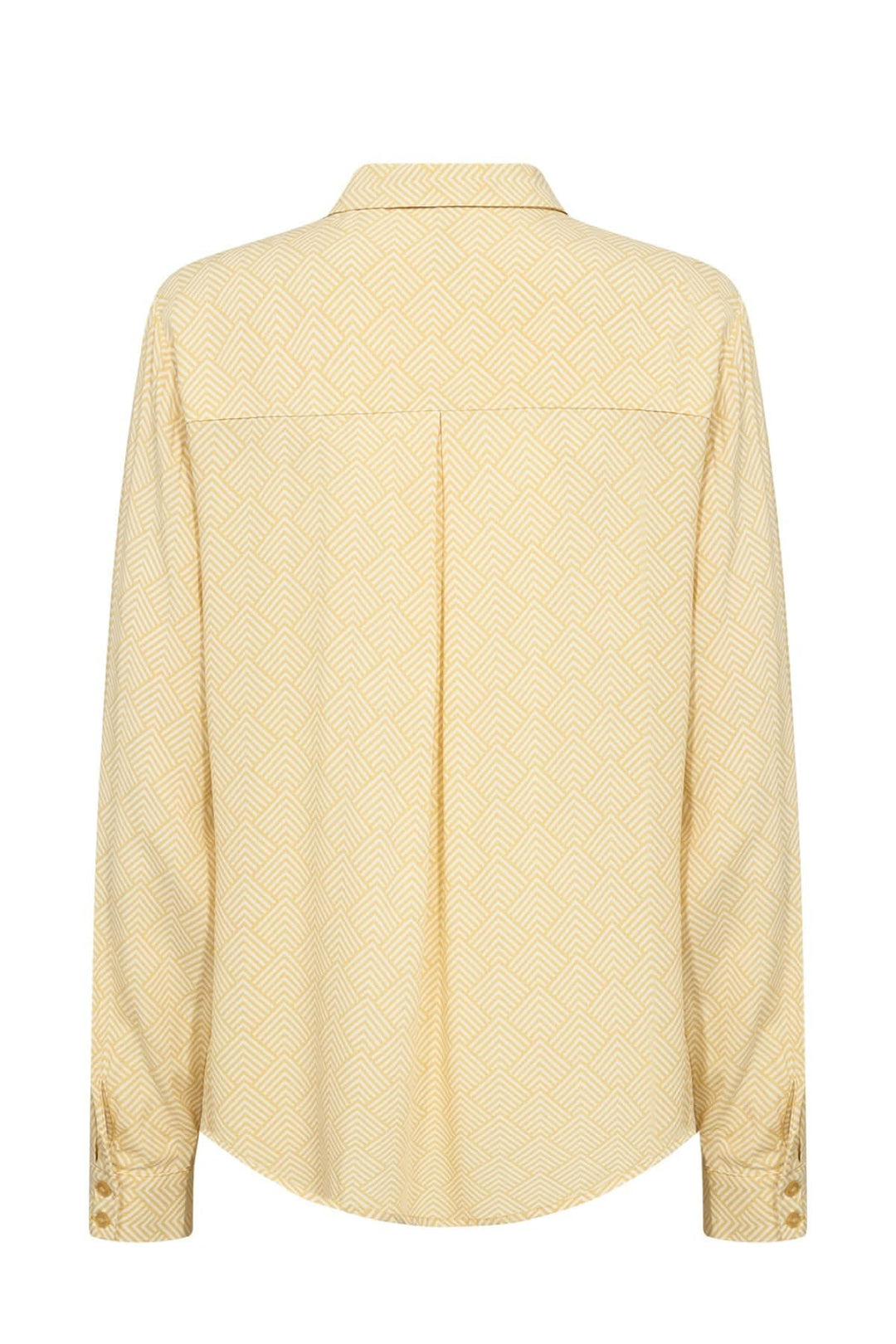 Chemise imprimée jaune avec col classique et motif géométrique, vue arrière.
