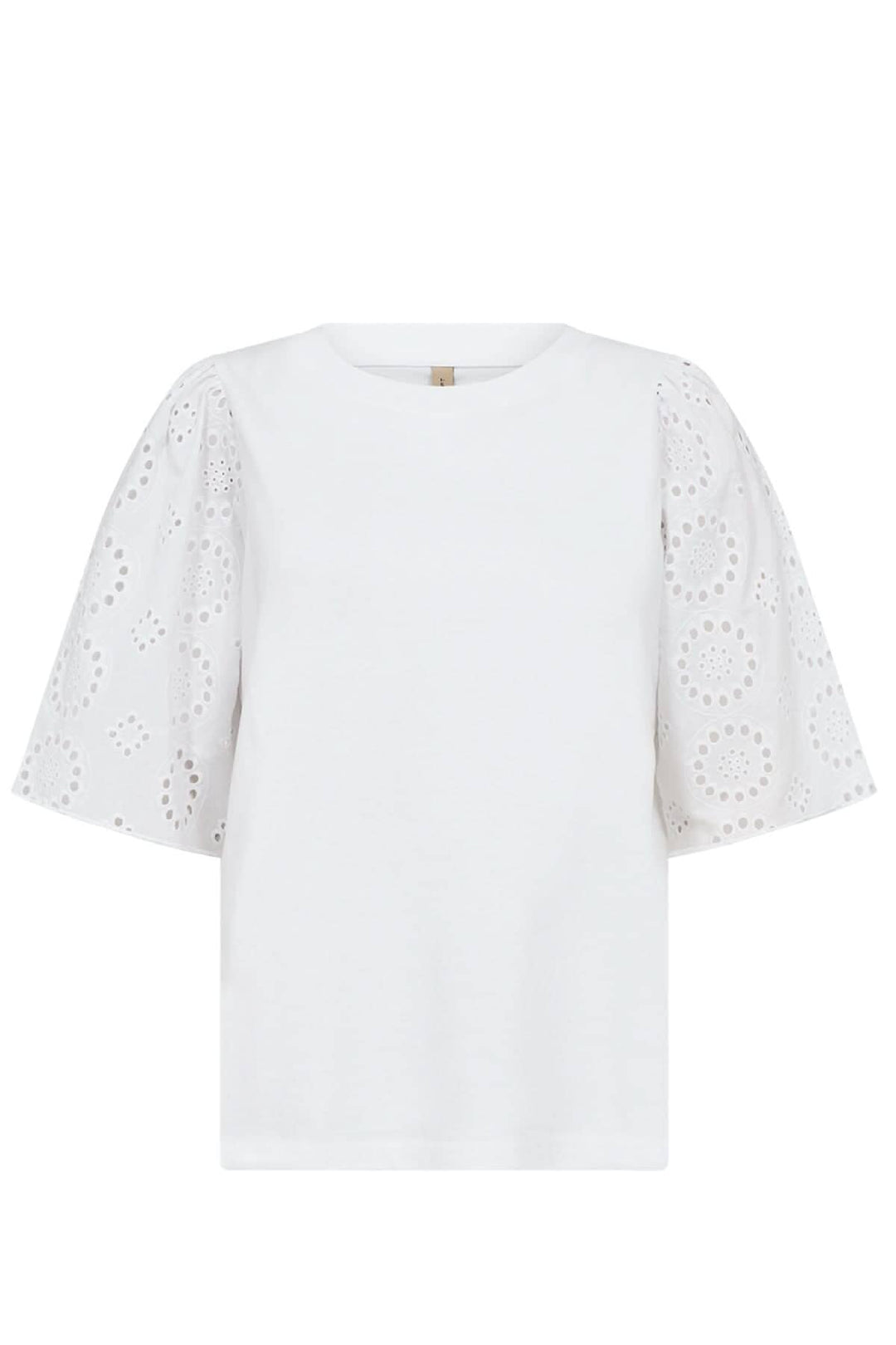 Blouse blanche à manches brodées en coton bio, coupe ample, encolure ronde, élégante pour un look moderne.