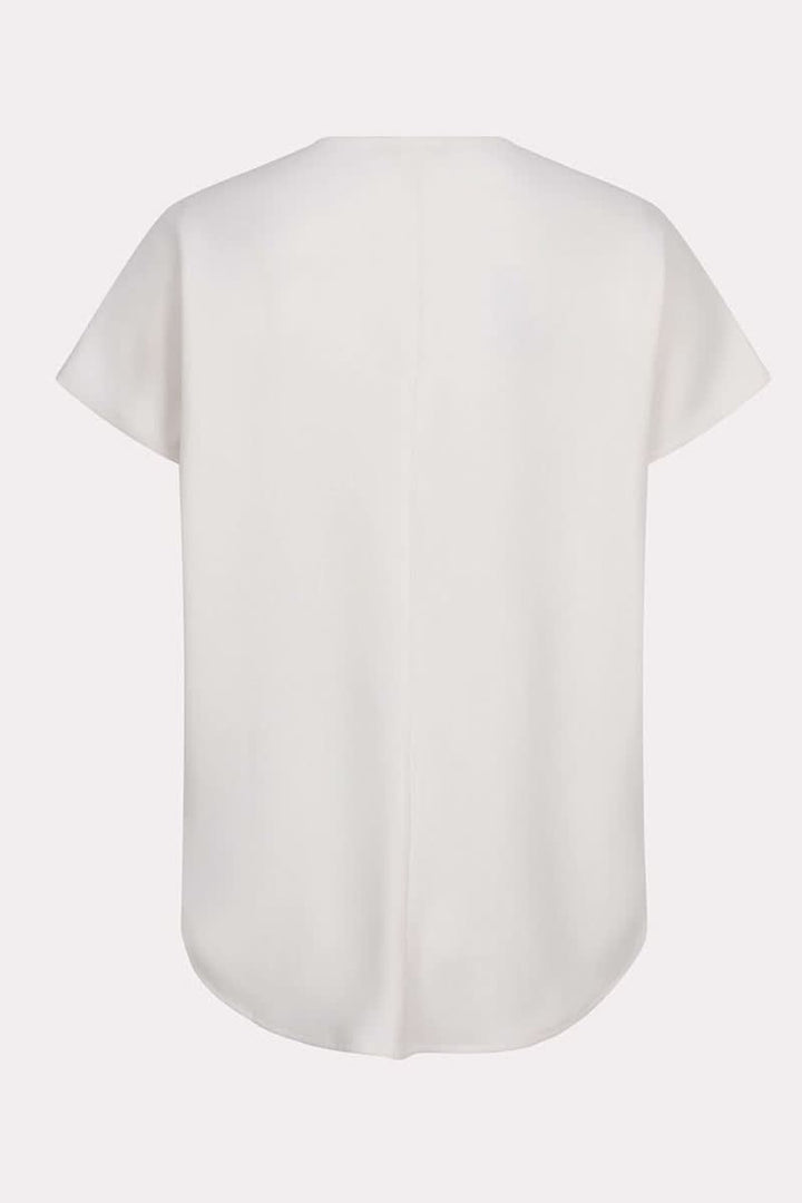 Blouse à manches courtes blanche, fluide, col en V, vue arrière, style élégant et ample.