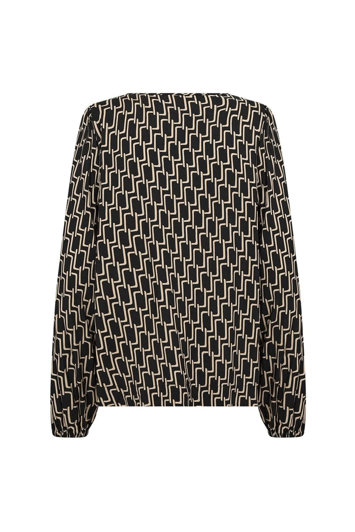 Blouse à motif graphique géométrique avec manches longues et silhouette fluide, couleur noire et beige.