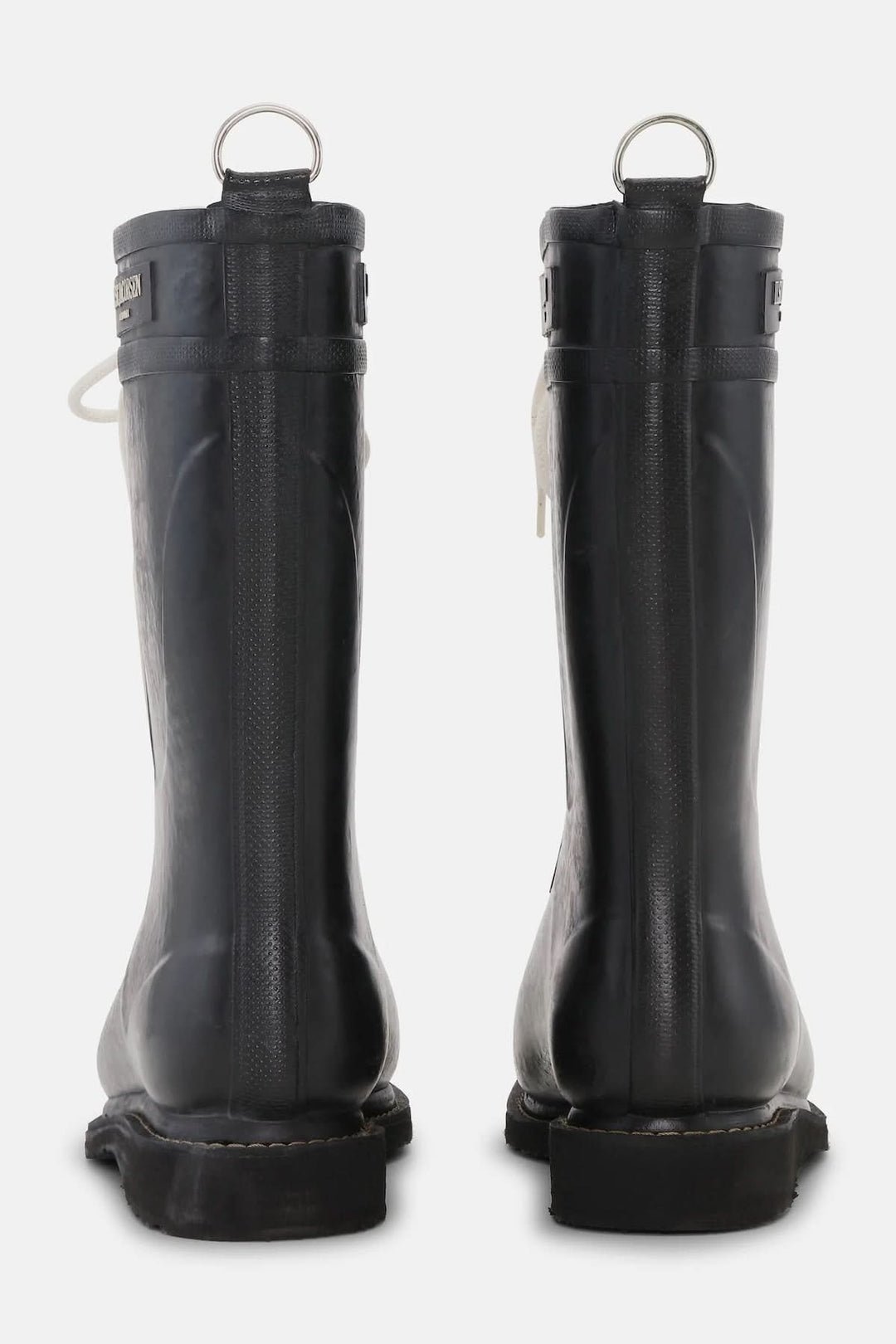 Vue arrière des bottes d’hiver imperméables à lacets, confectionnées en caoutchouc durable avec doublure chaude pour protection contre intempéries.
