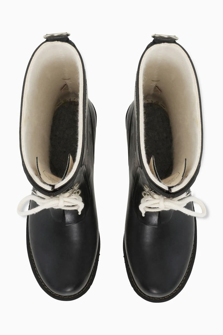 Bottes d’hiver imperméables à lacets avec doublure chaude en caoutchouc naturel, semelle antidérapante et laçage pratique pour météo froide.