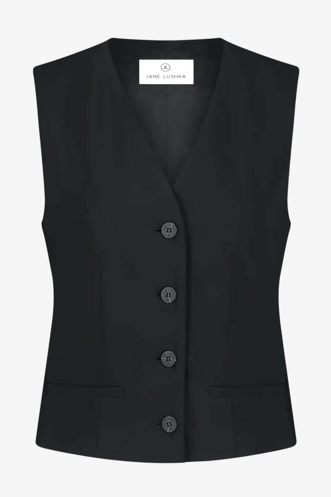 Camisole Kay sans manches, col en V profond, coupe ajustée, fermeture à cinq boutons, en noir.