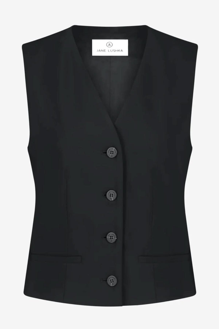 Camisole Kay sans manches, col en V profond, coupe ajustée, fermeture à cinq boutons, en noir.