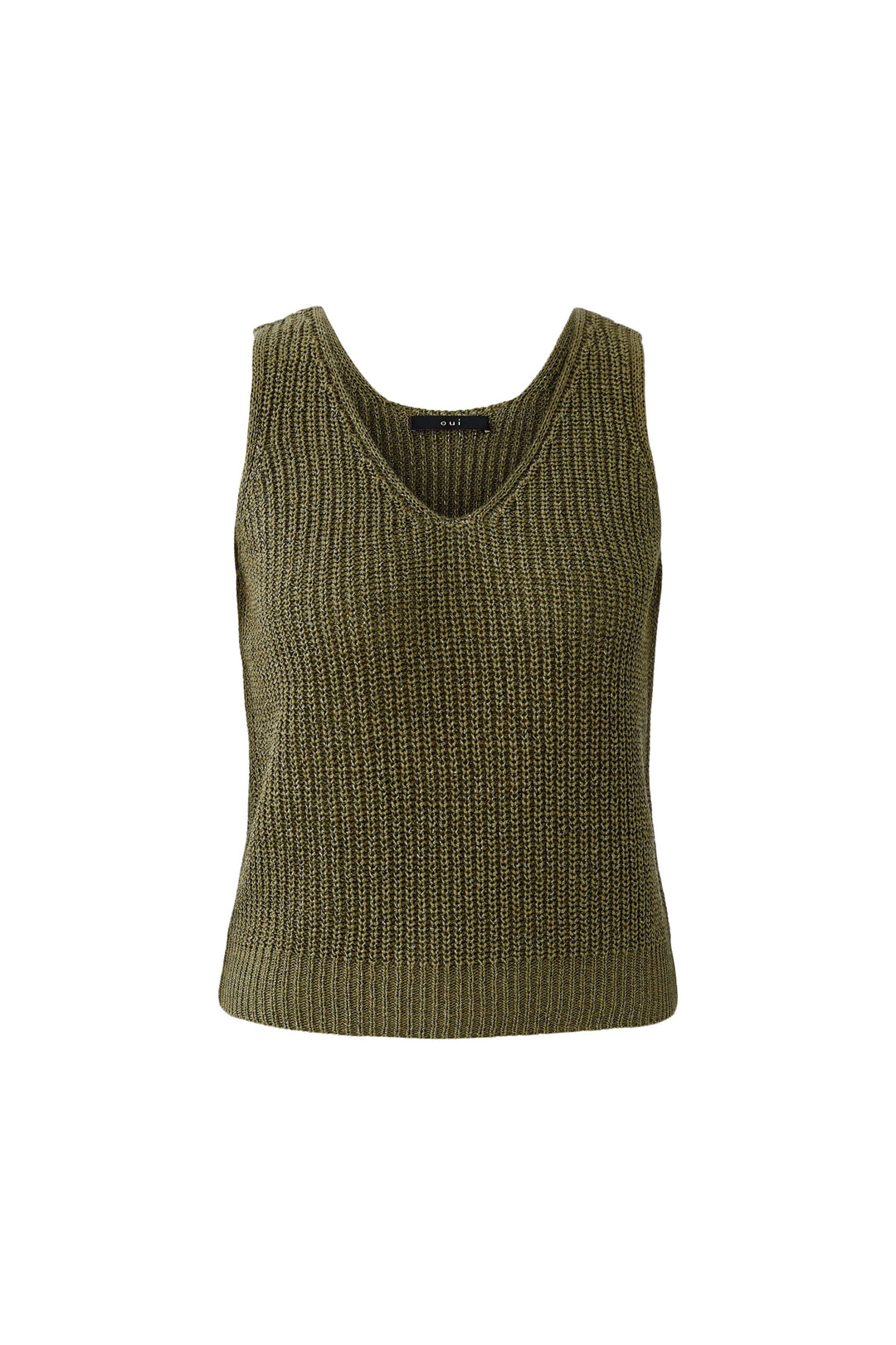 Camisole tricoté en fil spécial en maille verte avec encolure en V, coupe droite, idéale pour une garde-robe de saison.