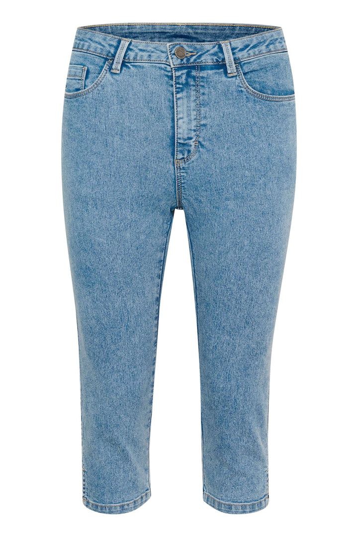 Capri Vicky en denim extensible, coupe ajustée, longueur sous le genou, parfait pour des journées ensoleillées.