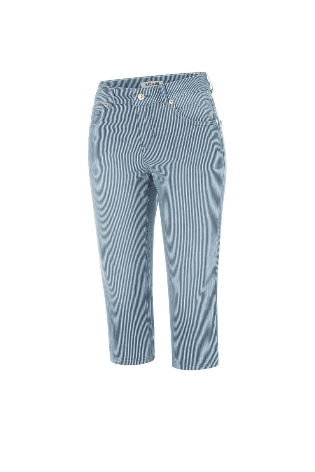 Capri à rayures verticales, coupe ajustée, en denim extensible pour un look décontracté et estival.
