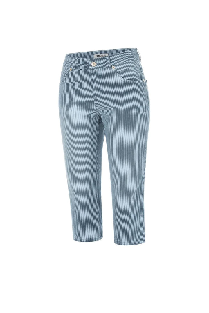 Capri à rayures verticales, coupe ajustée, en denim extensible pour un look décontracté et estival.