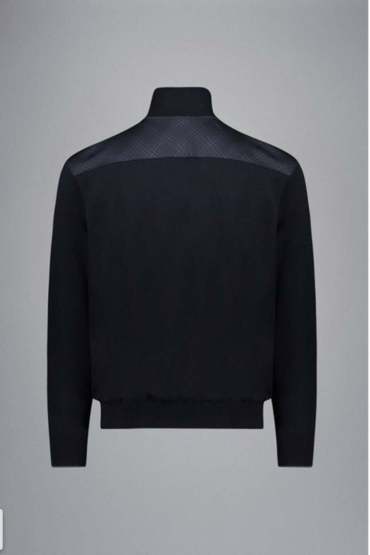 Chandail zippé en laine noir avec empiècements contrastants en suédine au dos.