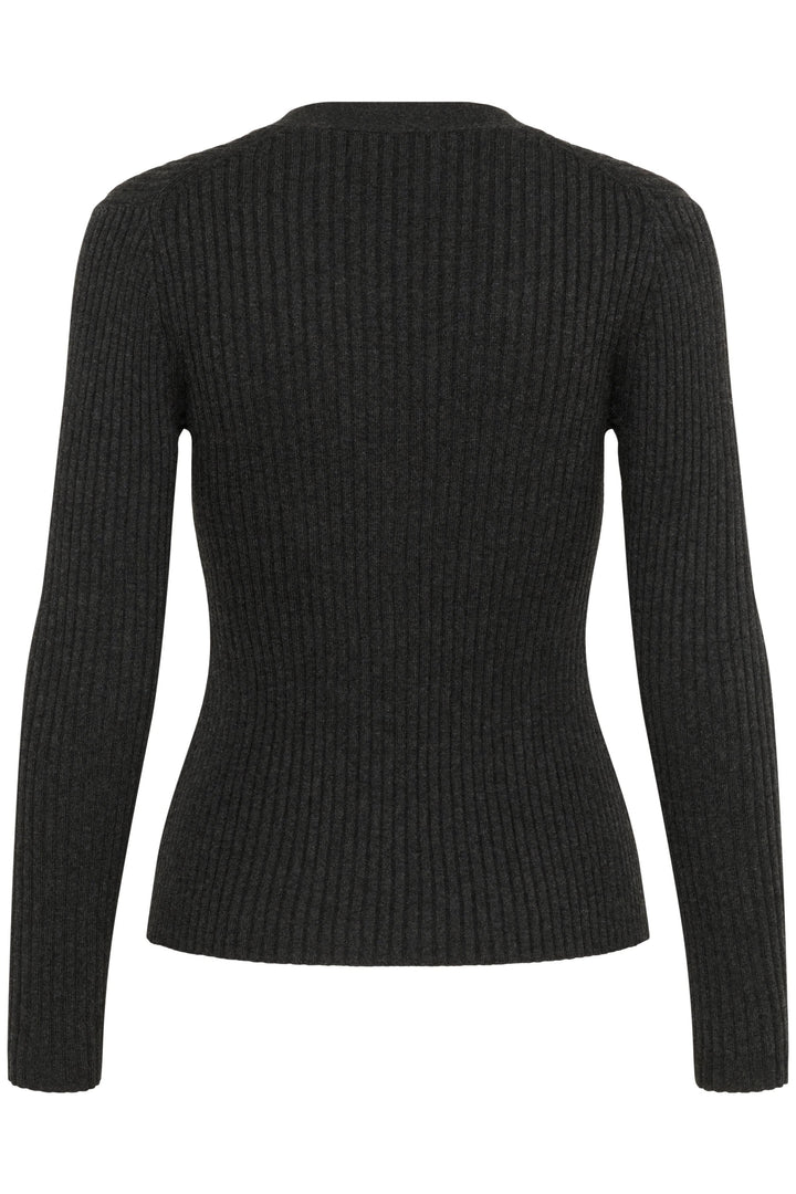 Cardigan Gia en maille côtelée, vue arrière, avec coupe ajustée et encolure en V, couleur noire.