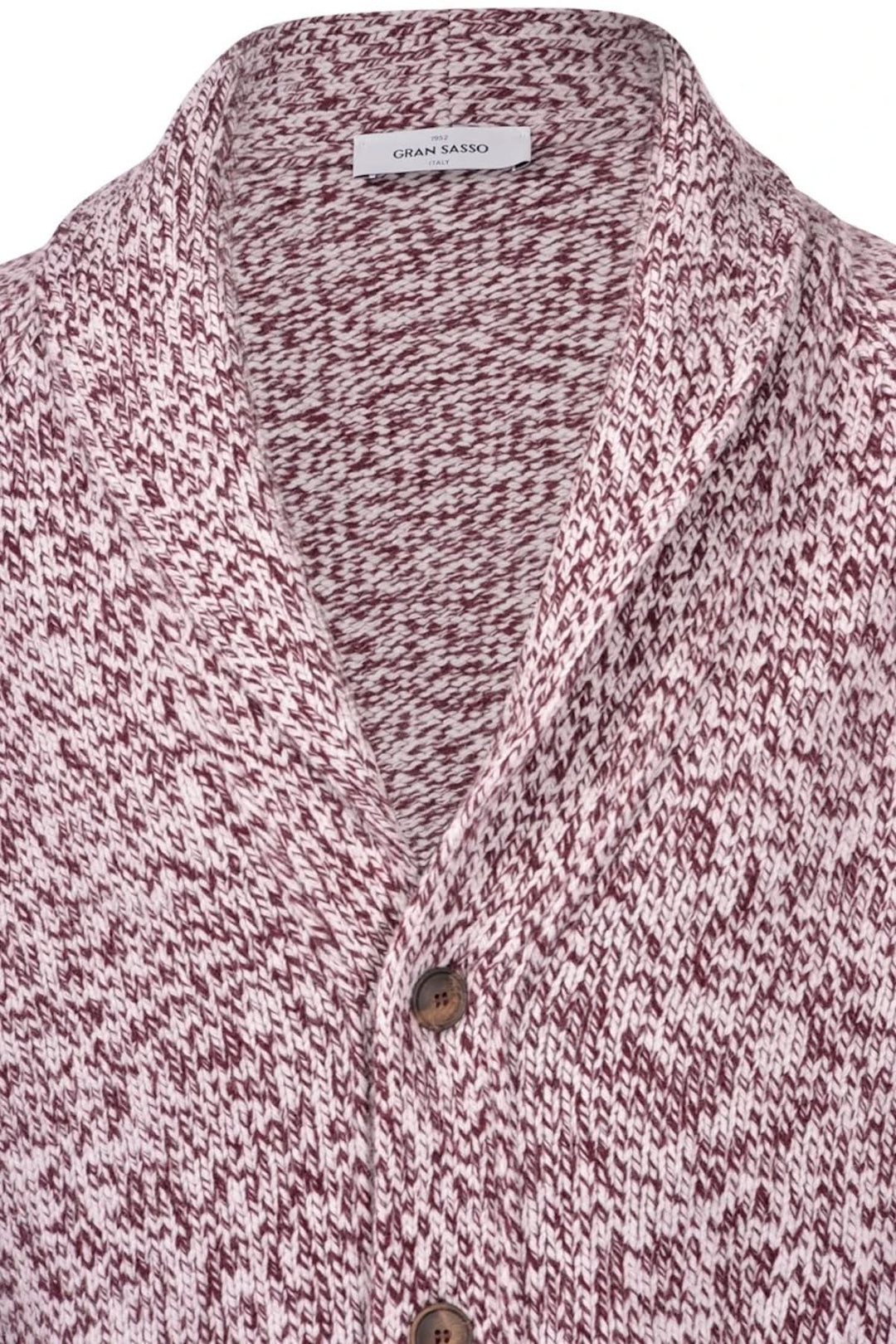 Cardigan à col châle en mélange de fils bordeaux et blancs avec boutons en bois, texture mouchetée.