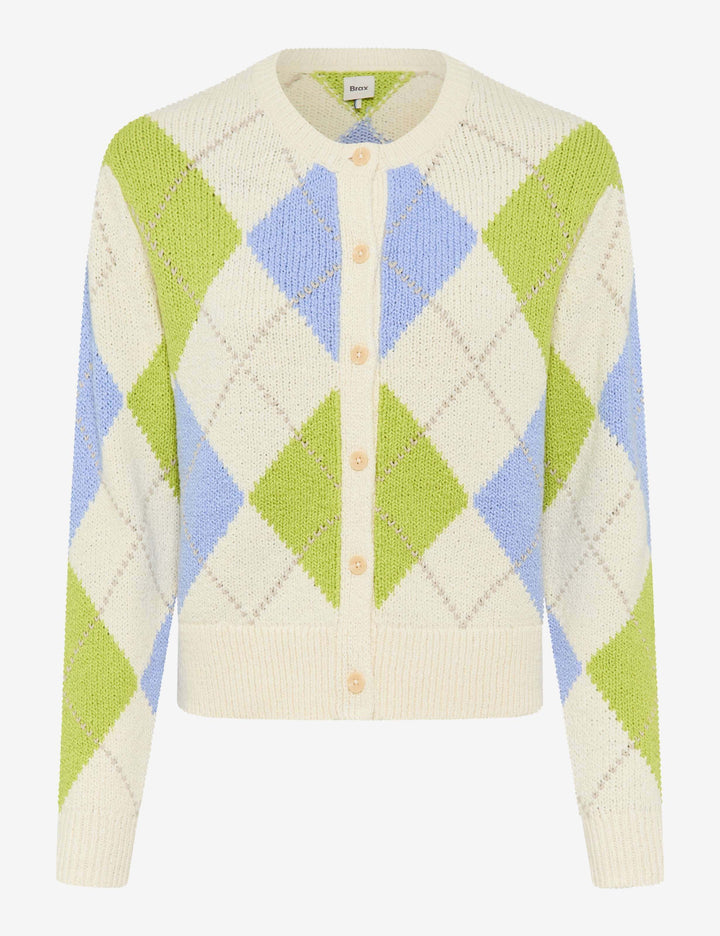 Cardigan court à motif losanges ANN, style rétro avec coupe courte et féminine, texture tricotée et fermeture boutonnée devant