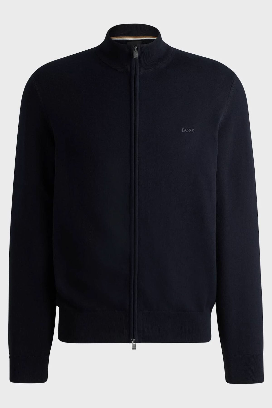 Cardigan en maille avec logo brodé, col montant et fermeture éclair, couleur marine.