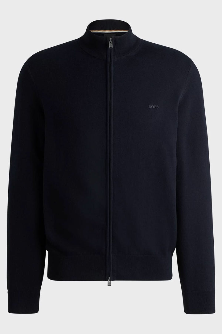Cardigan en maille avec logo brodé, col montant et fermeture éclair, couleur marine.