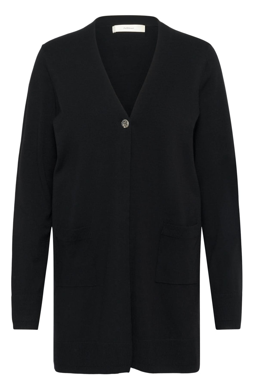 Cardigan long boutonné Miko, col V, coupe droite, poches plaquées, noir, élégant et confortable.